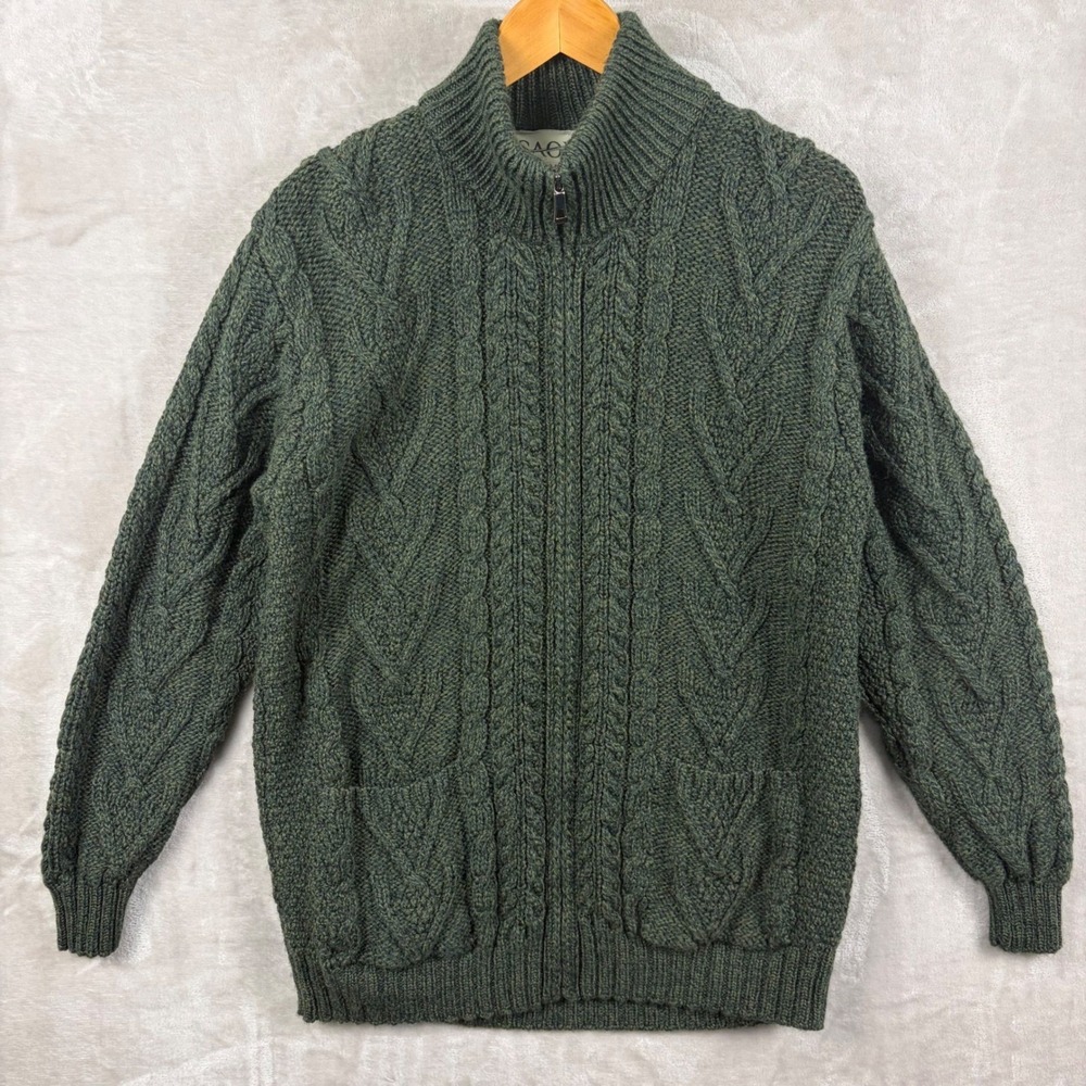 SAOL Ireland Mens L Green Aran Cable Knit Full Zip Cardigan Sweater 100% Merino - Picture 2 of 10